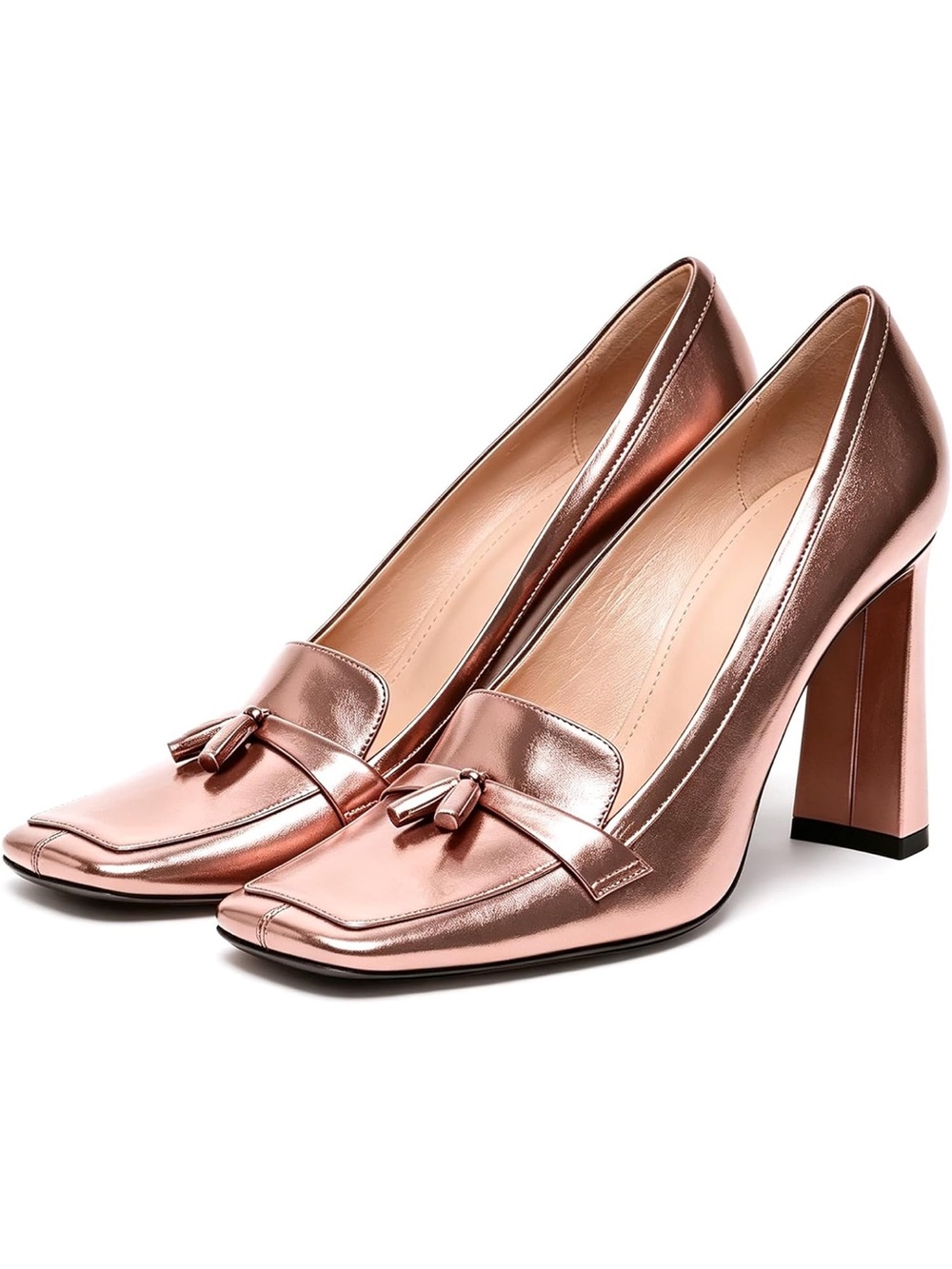 Women's Square Toe Tassel Loafers Chunky Block Heel Pumps Vintage